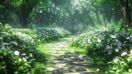  A lush green forest path, flanked by white flowers on both sides and towering trees overhead