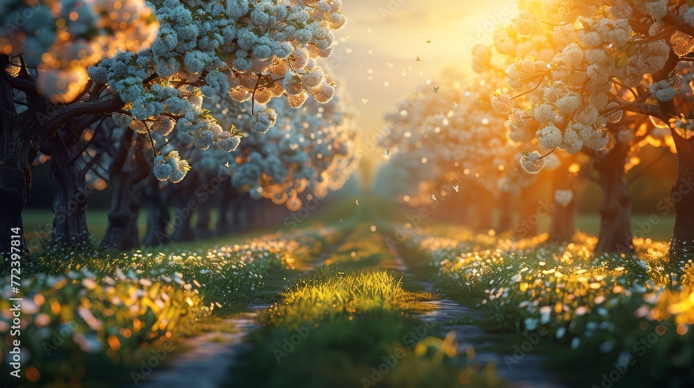 Poster sunlight filters through tree branches, casting golden rays on flower-lined path, surrounded by vibr