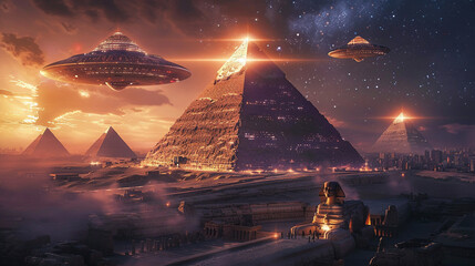An alien ship seen above the ancient pyramids of Giza casting an otherworldly glow on the timeless monuments