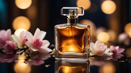 Obraz na płótnie Canvas Imagine a golden perfume bottle surrounded by tags like glass, liquid, beauty, fragrance, creating an image of luxury and elegance in the world of cosmetics and scents