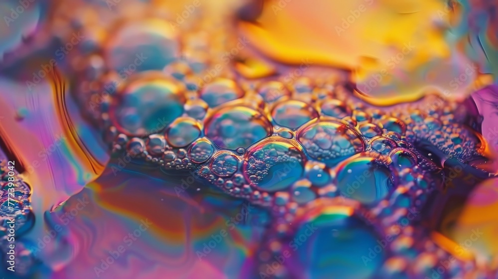 Poster a colorful swirl of bubbles with a rainbow effect. the bubbles are of different sizes and colors, cr