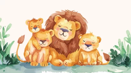 Foto op geborsteld aluminium Aap Watercolor hand drawn happy lion family flat cartoon