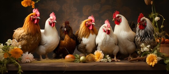 Group of Phasianidae chickens standing on wooden table - Powered by Adobe