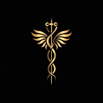 A sleek, gold-toned Caduceus medical symbol shines against a stark black backdrop, symbolizing health, commerce, and balance