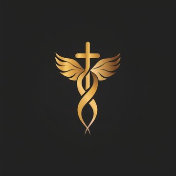 A golden caduceus symbol with wings and intertwined serpents against a deep black backdrop, evoking a sense of medical expertise and ancient tradition