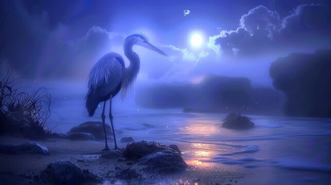 A bird perched on a beach beside a body of water with the moon fully illuminated in the sky