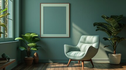 Green living room interior with armchair and plant, 3d render