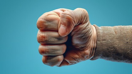 In the air, there is a clenched male fist - obrazy, fototapety, plakaty