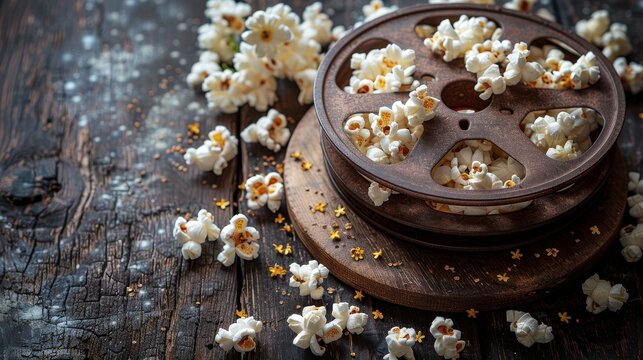 A vintage film reel with popcorn is pictured on a wooden surface in a cinema concept