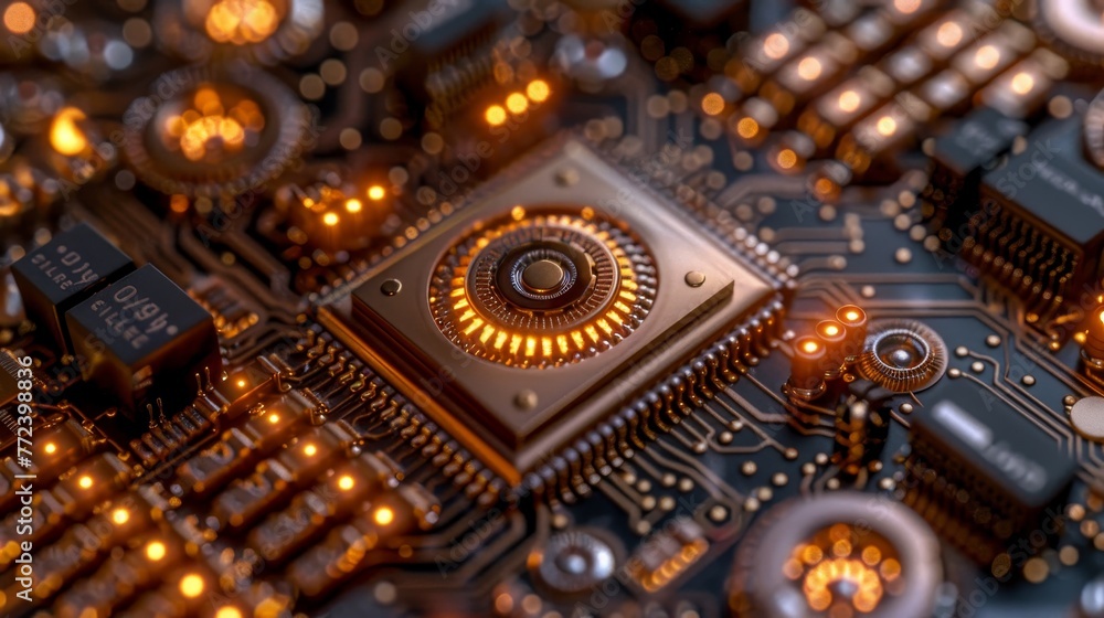 Poster a close up of a computer chip with a glowing center. the chip is surrounded by a lot of other compon