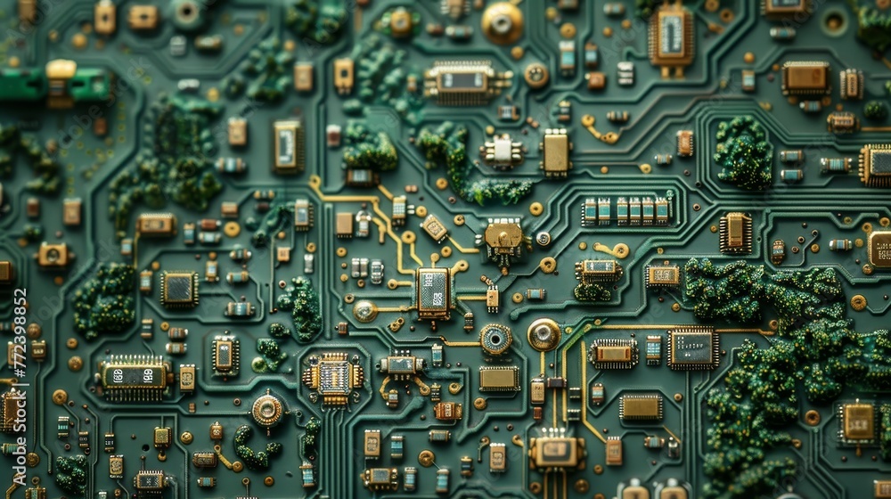 Poster a close up of a computer chip with many small parts. concept of complexity and intricacy, as well as