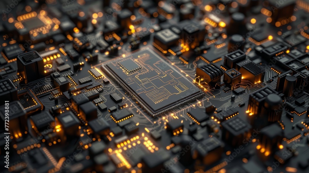 Poster a computer chip is lit up in a black background. the chip is surrounded by other computer chips and 