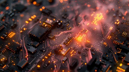 A close up of a computer chip with many small lights on it. The image has a futuristic and technological feel to it - obrazy, fototapety, plakaty