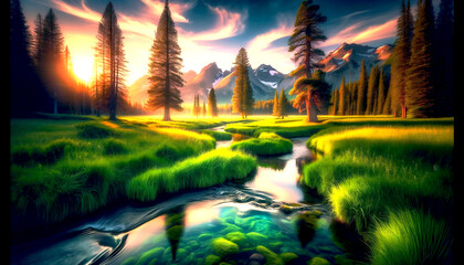 穏やかに風景画。A tranquil scene unfolds with gentle precision, capturing the essence of serenity. The foreground features a crystal-clear stream, meandering through a lush, vibrant green meadow. Tall, 