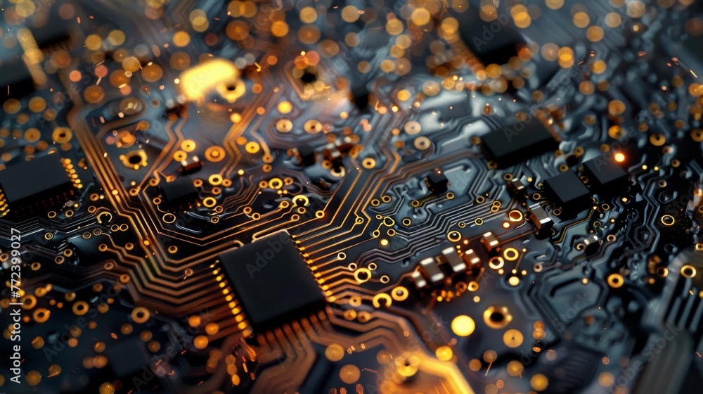 Poster a close up of a computer chip with a lot of gold and black. concept of complexity and sophistication