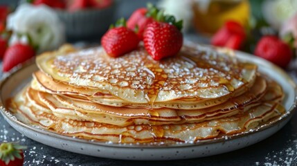  A snowy plate full of fluffy pancakes, dusted with powdered sugar, and topped with juicy strawberries