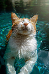 Gato anaranjado, disfrutando en la piscina.