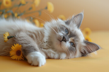 Gato doméstico en fondo amarillo tumbado con flores amarillas.