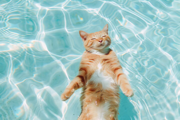 Gato tomando el sol flotando en la piscina. - obrazy, fototapety, plakaty