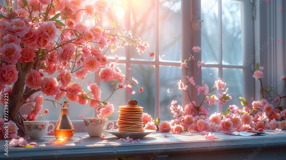 Poster a stack of pancakes with frosting sits atop a table, next to a vase holding flowers and a steaming c