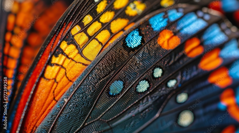 Poster a close up of a butterfly wing with a variety of colors and patterns. the wing is made up of many sm