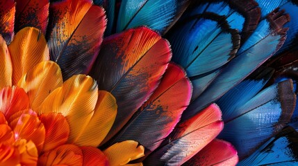 A colorful feather with a red, orange, and yellow center surrounded by blue and purple. The feather is vibrant and eye-catching, with a sense of movement and life