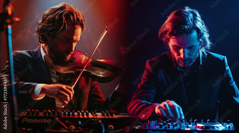 Poster two men playing instruments, one with a violin and the other with a keyboard. scene is one of creati