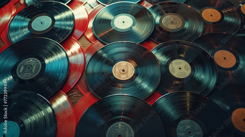 Poster a collection of old records with a red background. the records are of various sizes and colors, and 