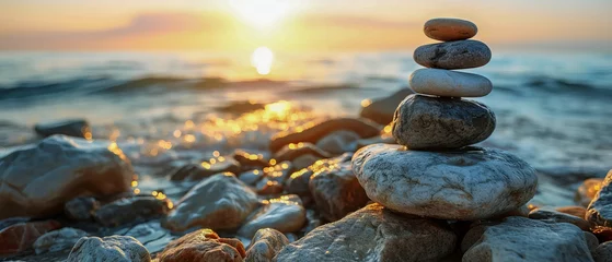 Fotobehang Stenen in het zand Against the backdrop of a serene sunset, harmonious stack of smo
