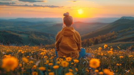 Sitting on a mountaintop contemplating the sunset, a woman gazes into the distance - obrazy, fototapety, plakaty
