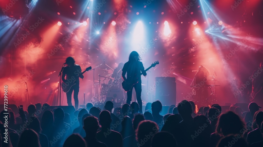 Poster a band is performing on stage in front of a large crowd. the stage is lit up with bright lights and 