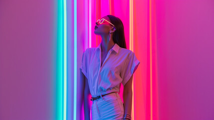 Beautiful woman model wearing a glow in the light glasses in a neon light studio colorfu