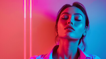 Beautiful woman model in a neon light studio colorful