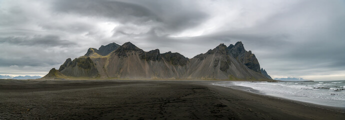 Famous Vestrahorn peak above the black sand beach in Iceland