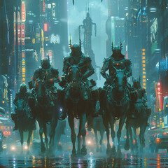 An artwork showing a group of centaurs equipped with advanced armor and weaponry patrolling the streets of a sci-fi city - obrazy, fototapety, plakaty