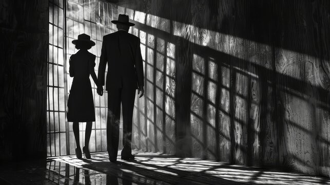 A man and woman are walking through a dark hallway. The man is wearing a hat and the woman is wearing a dress