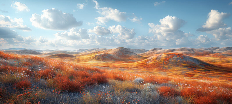 Serene landscape of rolling hills covered in golden and red vegetation under a sky dotted with fluffy clouds.