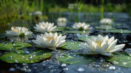  White lilies float atop water's surface, lily pads resting above