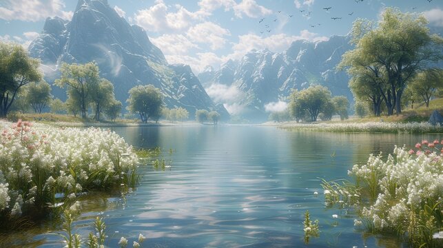  A stunning image of a serene lake surrounded by majestic mountains, vibrant flowers in the foreground, and graceful birds soaring in the sky