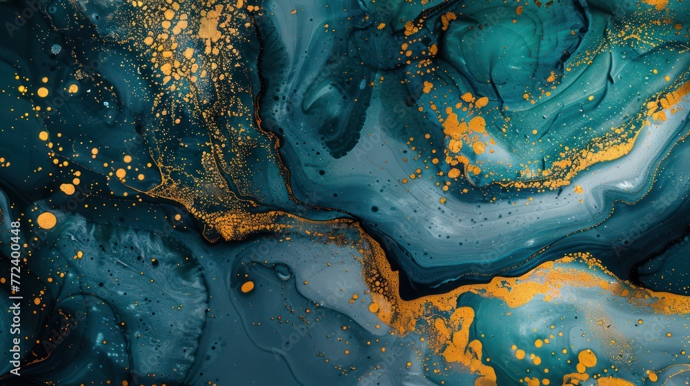 Poster swirl of blue and gold, creating a luxurious fluid art texture that evokes a sense of movement and d