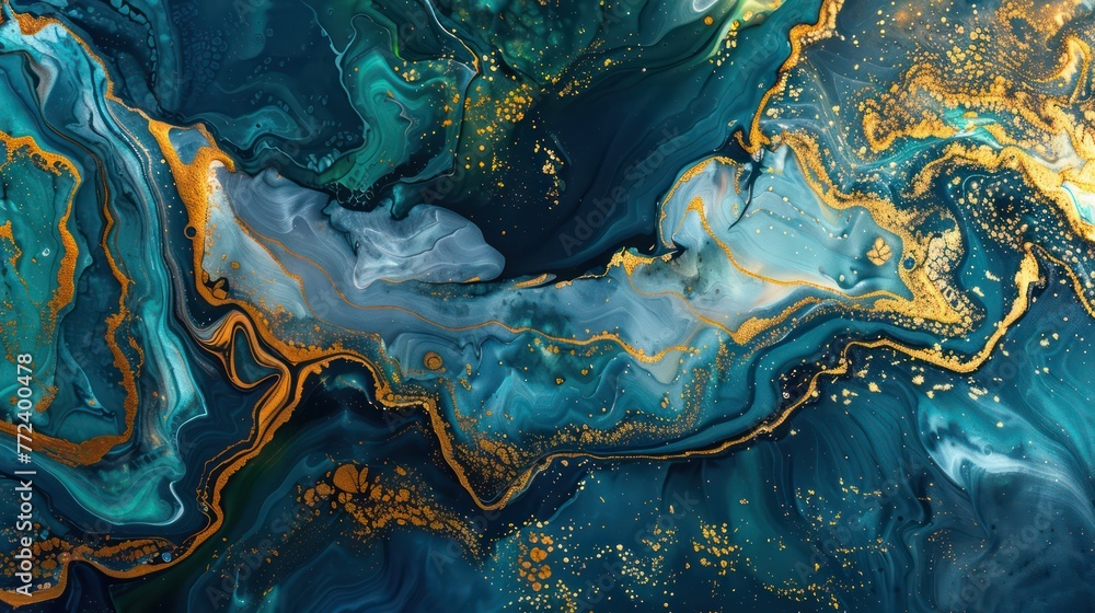 Poster a luxurious flow of blue and golden hues, mimicking a marble-like texture with intricate details and