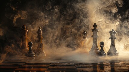 A chess board with smoke in the background. The smoke is coming from a fire. The chess pieces are arranged in a way that they are in the middle of the board - obrazy, fototapety, plakaty