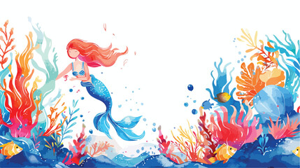 Fototapeta na wymiar Watercolor illustration Beautiful Mermaid and sea c
