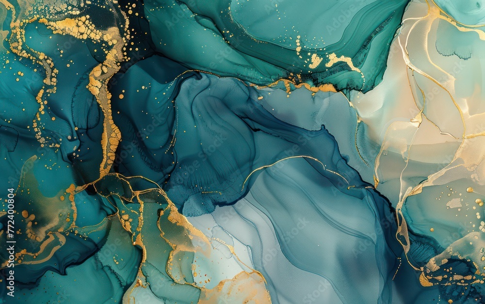 Poster an exquisite fluid art texture in shades of blue and gold, creating a luxurious and elegant marble e