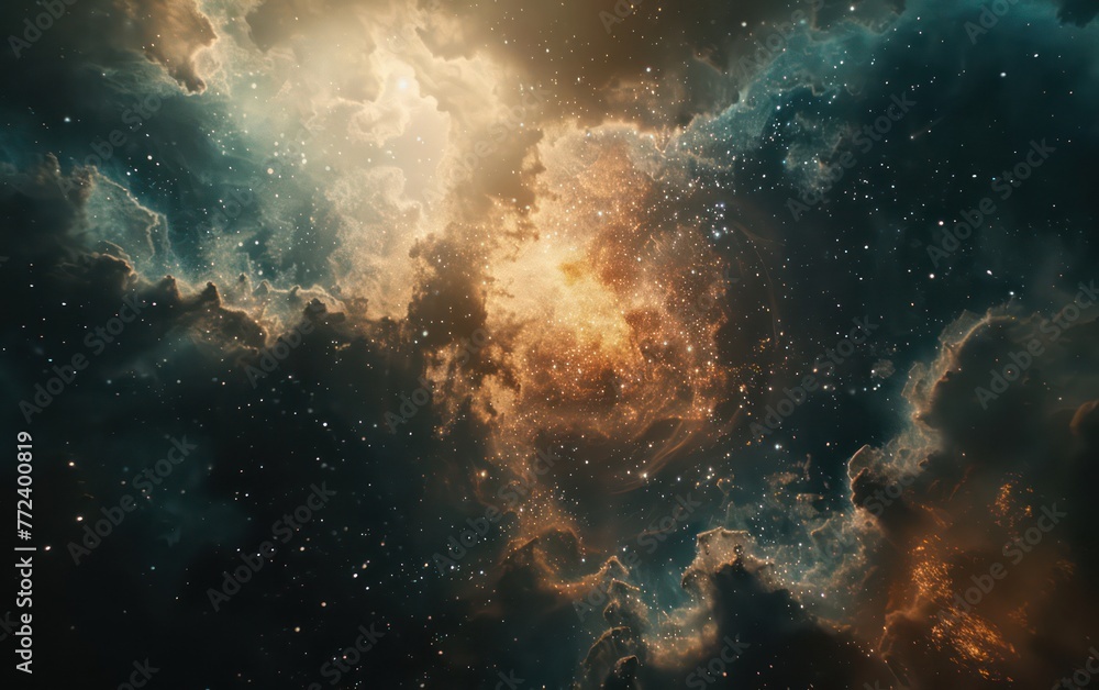 Poster this captivating high-resolution image showcases a breathtaking view of cosmic clouds and star field