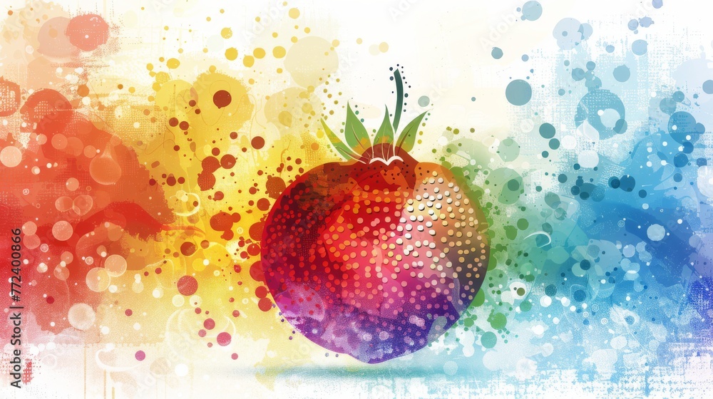 Poster a close-up of a fruit against a white backdrop with a colorful splatter of paint in the background