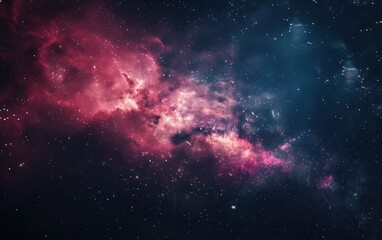 A mesmerizing display of interstellar clouds and star clusters against the dark vastness of space, glowing in shades of pink and red - obrazy, fototapety, plakaty