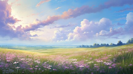 scenic view of a grassy field with flowers and beautiful clouds in a spring day