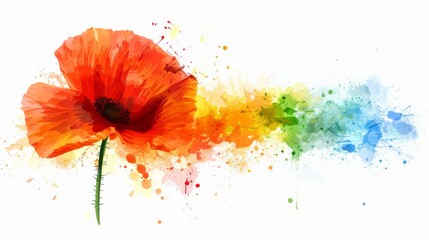  Watercolor painting of orange & red flowers with green stems on white background - obrazy, fototapety, plakaty