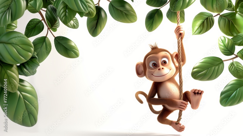 Poster a cartoon monkey is swinging from a tree branch. the monkey is smiling and he is having fun. the ima